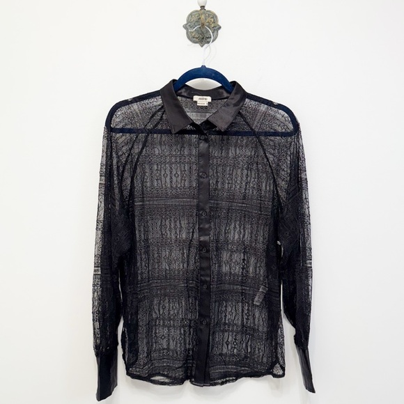 Jason Wu Black Satin Trim Lace Sheer Blouse Top Button Up Front Women's Sz M NWT - Picture 2 of 14